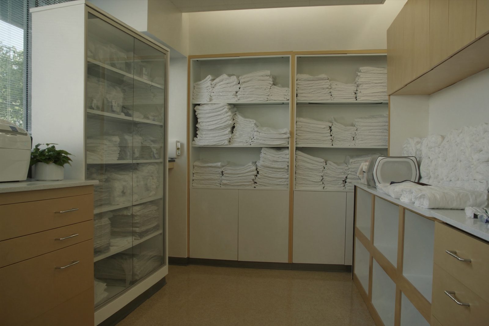 The linen room: open shelving stacked with folded white sheets and towels, a glass-fronted supply cabinet, rolled towels on the counter and a plant by the window.